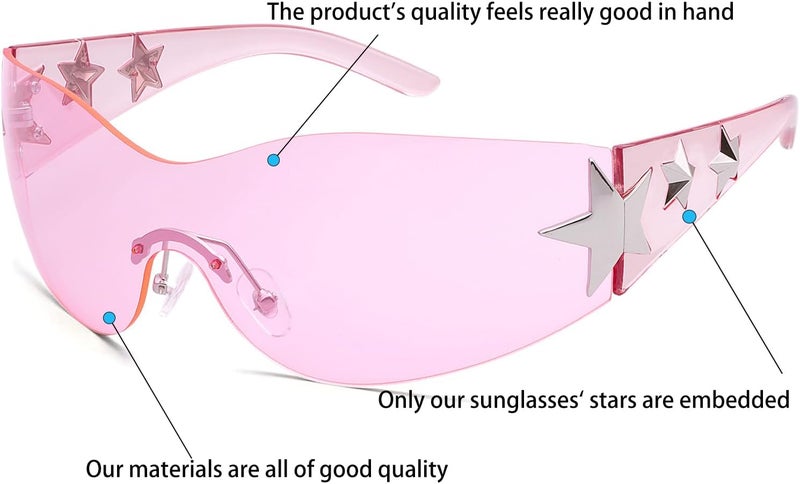 Haqptul Rimless Y2K Sunglasses Star Wrap Around Glasses 2000S Accessories for Women Men Trendy Fashion Cool Shield Shades - Image 2